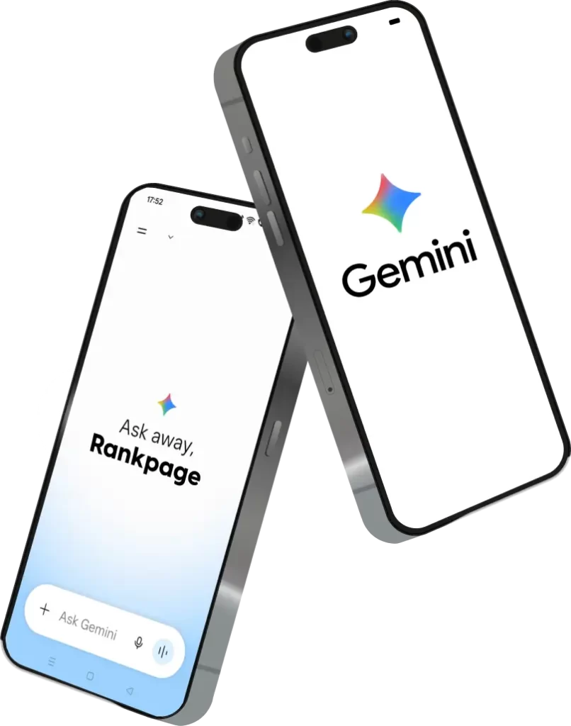 Two phone screen showing AI Model Gemini and Rankpage Logo