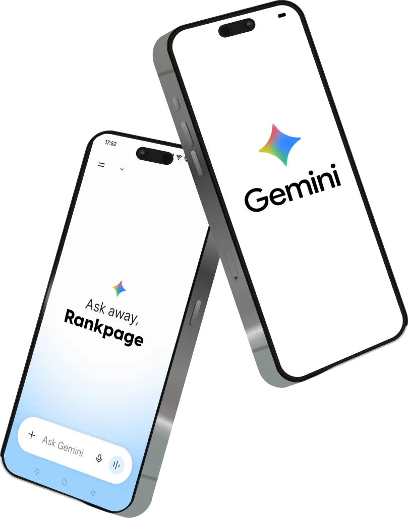 Two phone screen showing AI Model Gemini and Rankpage Logo