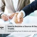 Photo of businesspeople shaking hands, symbolizing trust, plus exchanging of info from AI sources and AI SEO services