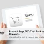 Photo of a person using a tablet with the word 'Shop' and a shopping cart icon on it, representing product page SEO