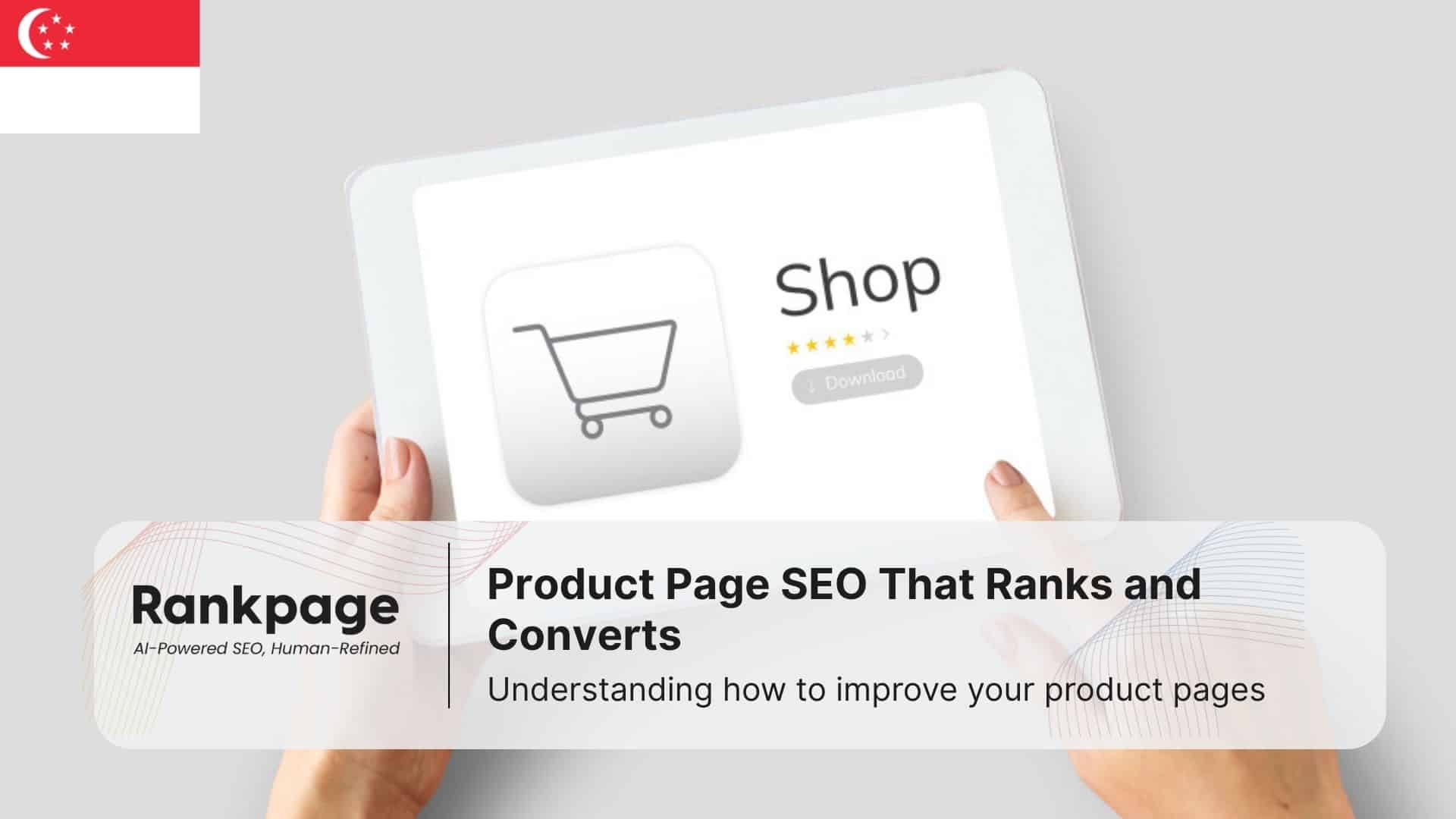Photo of a person using a tablet with the word 'Shop' and a shopping cart icon on it, representing product page SEO